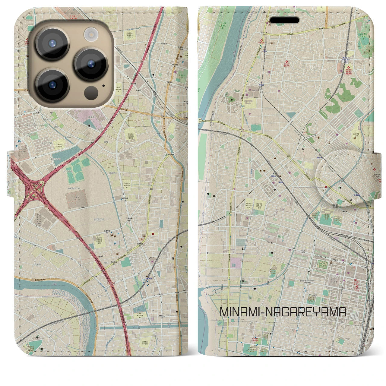 【南流山】地図柄iPhoneケース（手帳両面タイプ・ナチュラル）iPhone 14 Pro Max 用