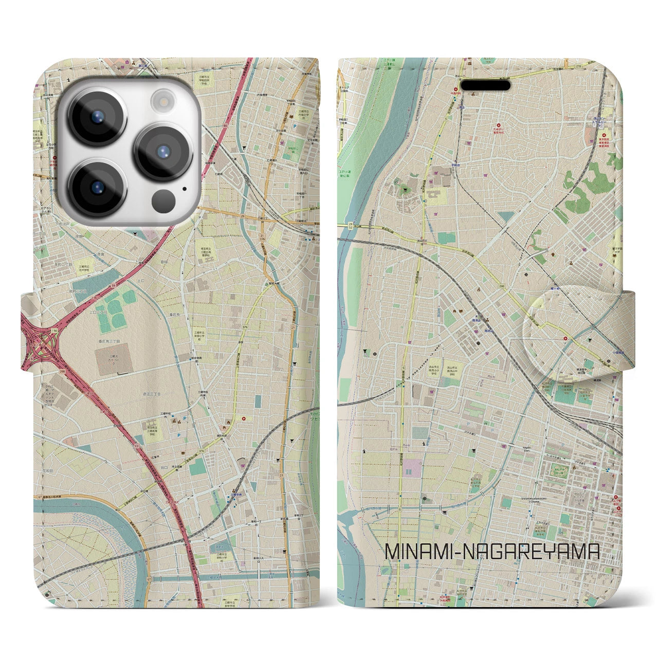 【南流山】地図柄iPhoneケース（手帳両面タイプ・ナチュラル）iPhone 14 Pro 用