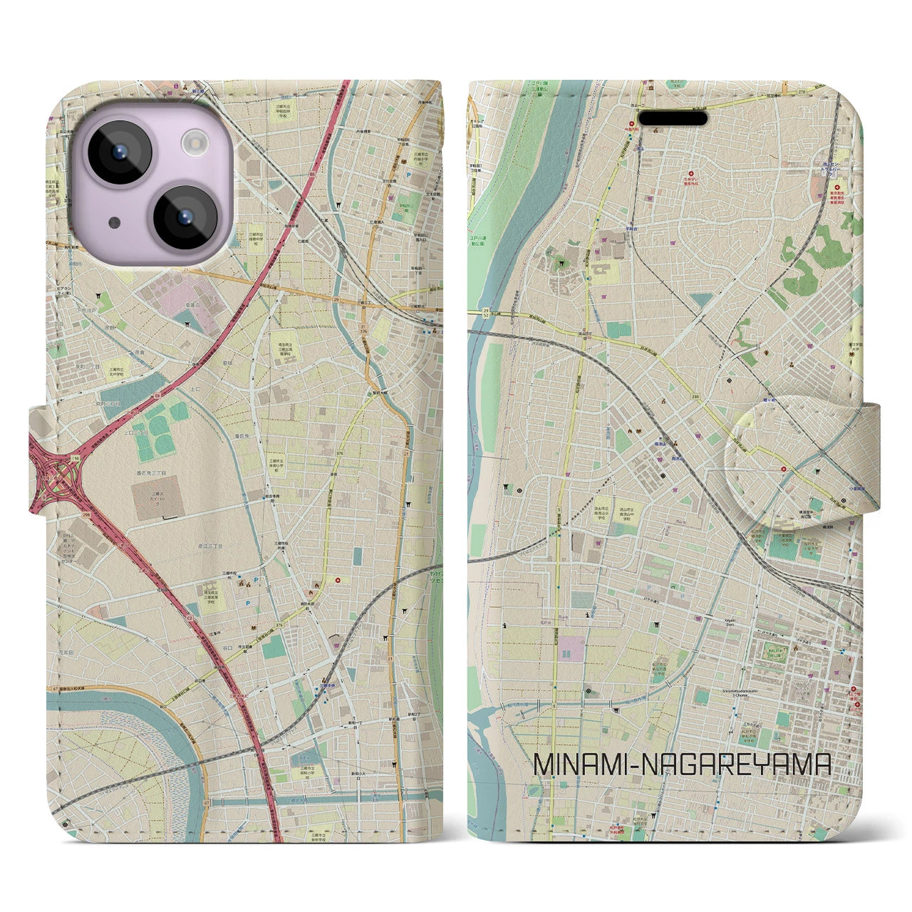 【南流山】地図柄iPhoneケース（手帳両面タイプ・ナチュラル）iPhone 14 用