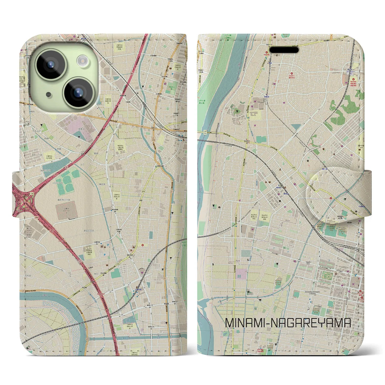 【南流山】地図柄iPhoneケース（手帳両面タイプ・ナチュラル）iPhone 15 用