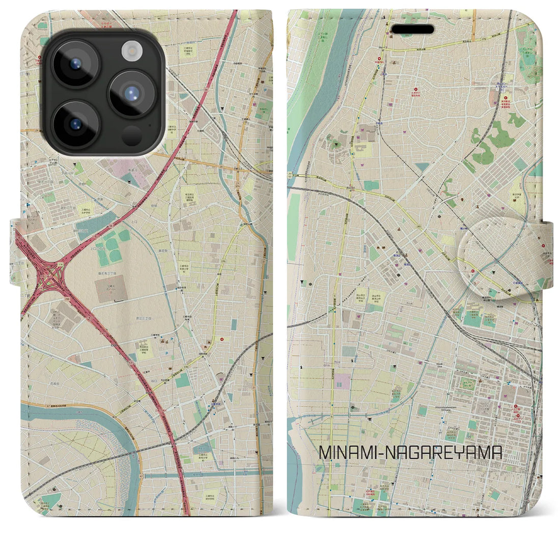 【南流山】地図柄iPhoneケース（手帳両面タイプ・ナチュラル）iPhone 15 Pro Max 用