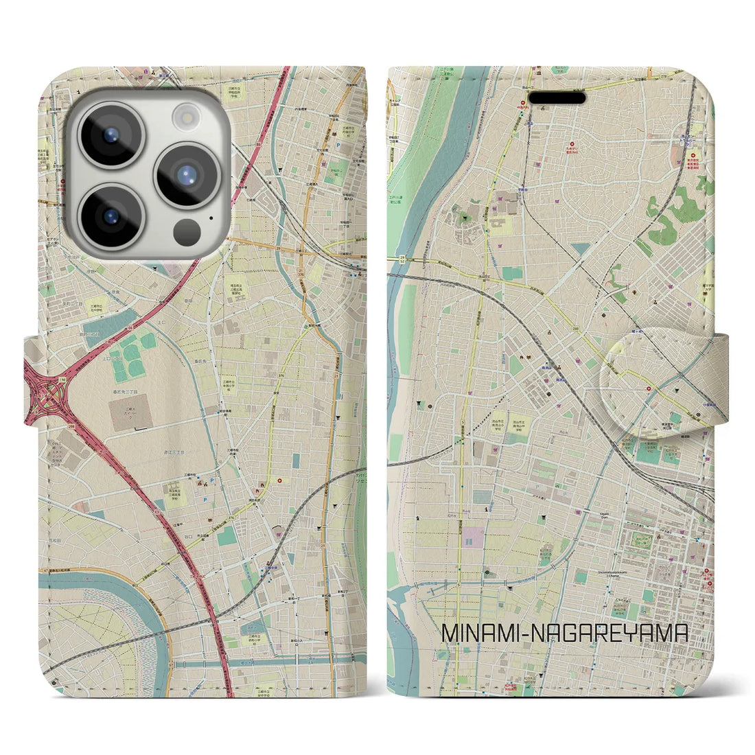 【南流山】地図柄iPhoneケース（手帳両面タイプ・ナチュラル）iPhone 15 Pro 用