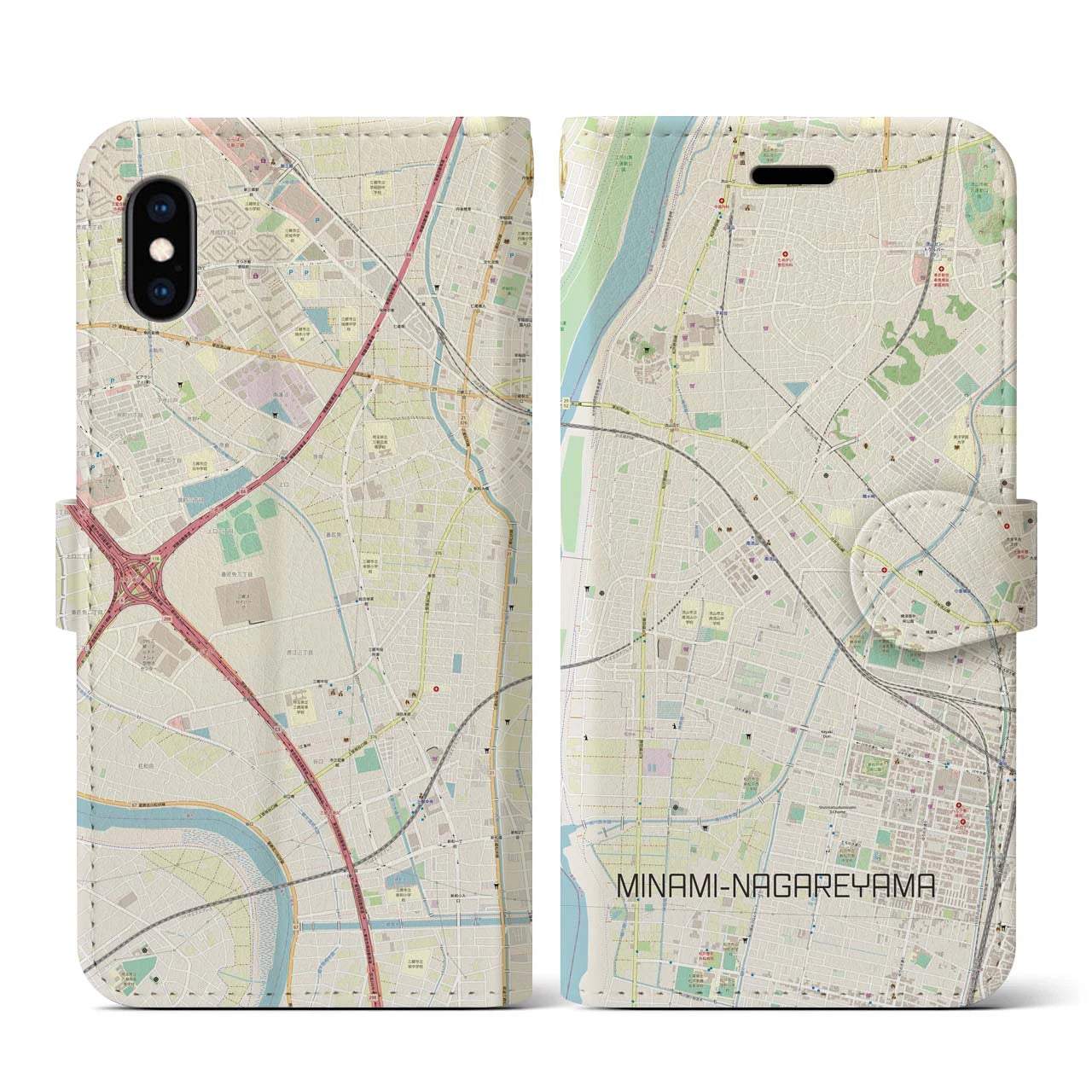 【南流山】地図柄iPhoneケース（手帳両面タイプ・ナチュラル）iPhone XS / X 用