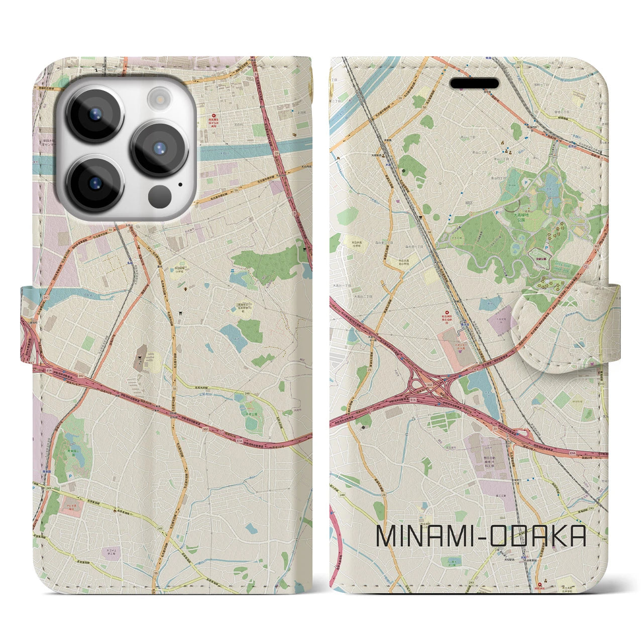 【南大高】地図柄iPhoneケース（手帳両面タイプ・ナチュラル）iPhone 14 Pro 用