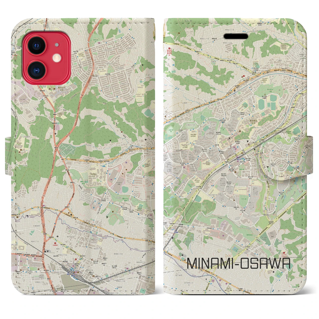 【南大沢】地図柄iPhoneケース（手帳両面タイプ・ナチュラル）iPhone 11 用