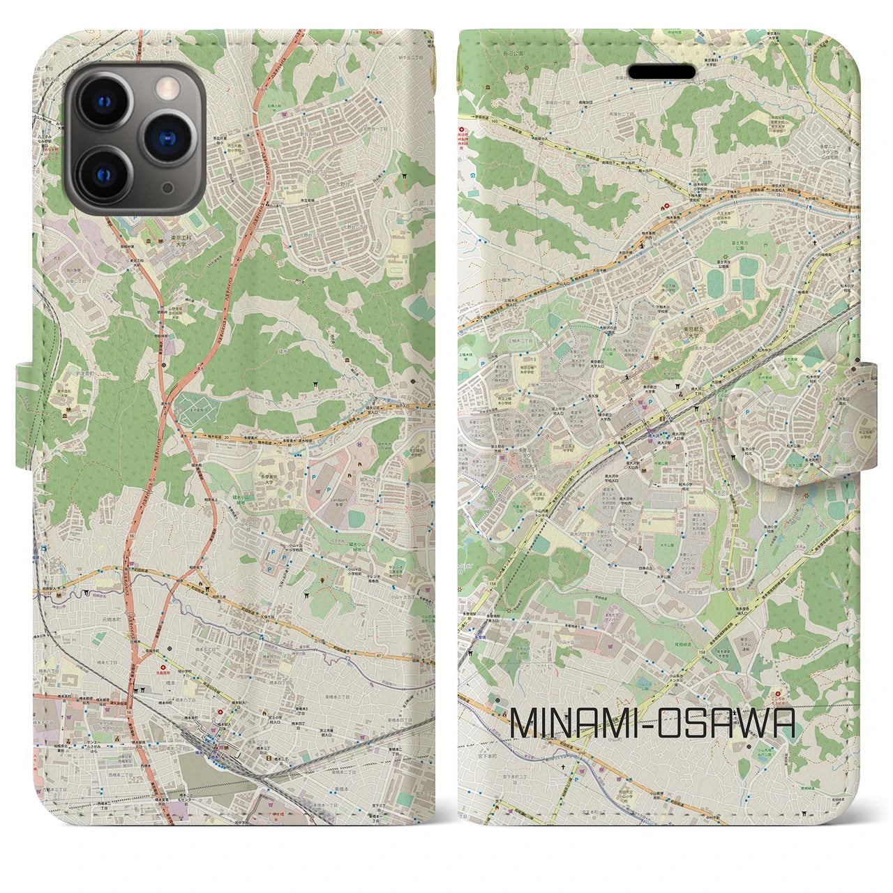 【南大沢】地図柄iPhoneケース（手帳両面タイプ・ナチュラル）iPhone 11 Pro Max 用