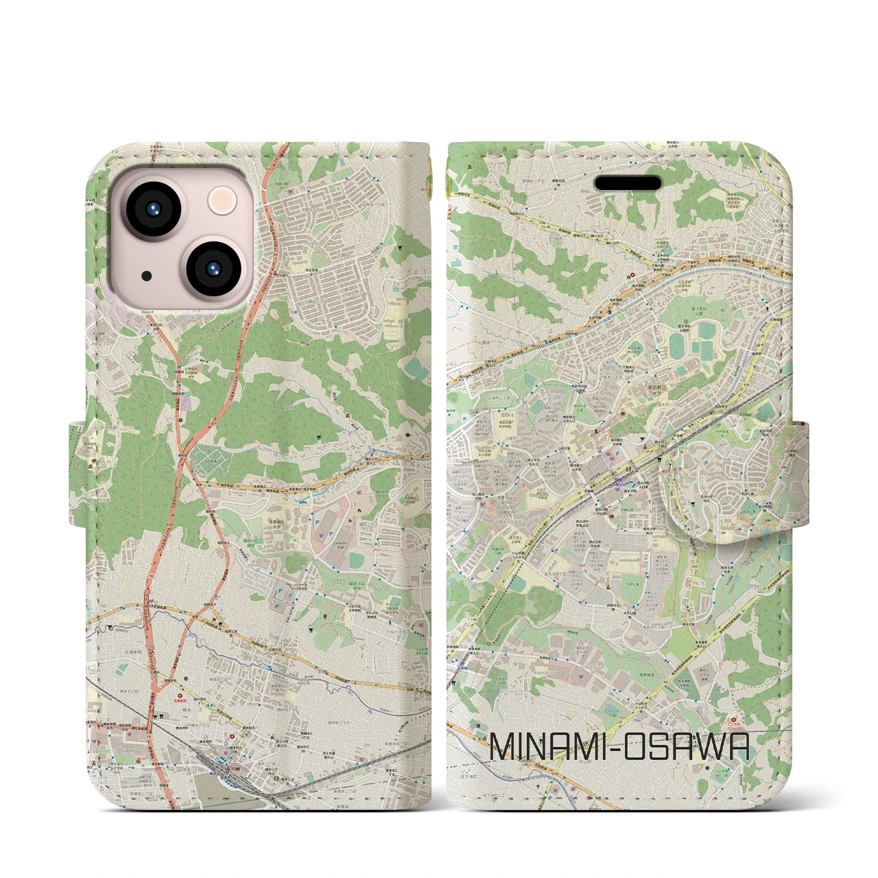 【南大沢】地図柄iPhoneケース（手帳両面タイプ・ナチュラル）iPhone 13 mini 用