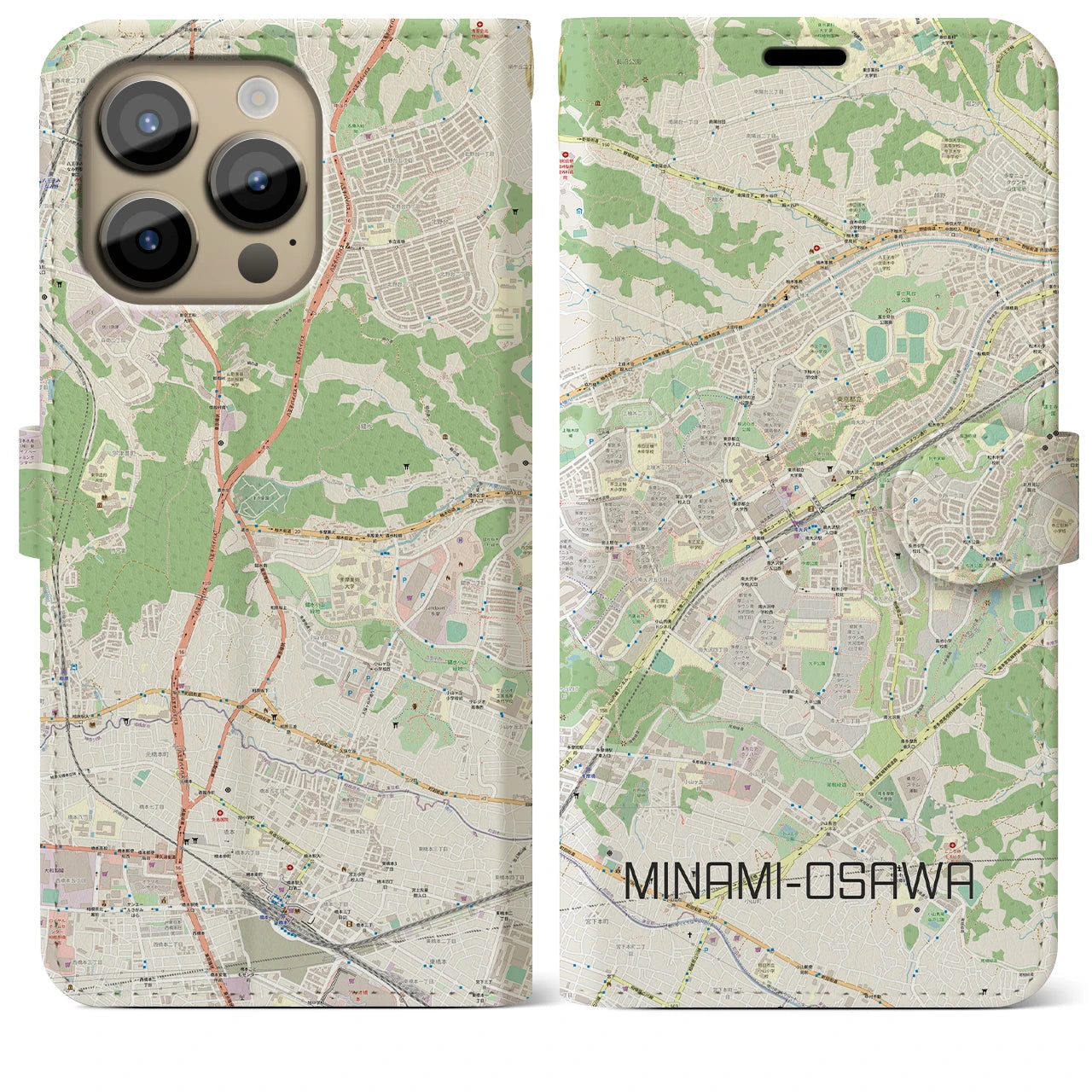 【南大沢】地図柄iPhoneケース（手帳両面タイプ・ナチュラル）iPhone 14 Pro Max 用
