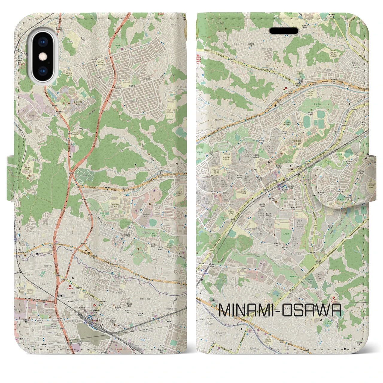 【南大沢】地図柄iPhoneケース（手帳両面タイプ・ナチュラル）iPhone XS Max 用