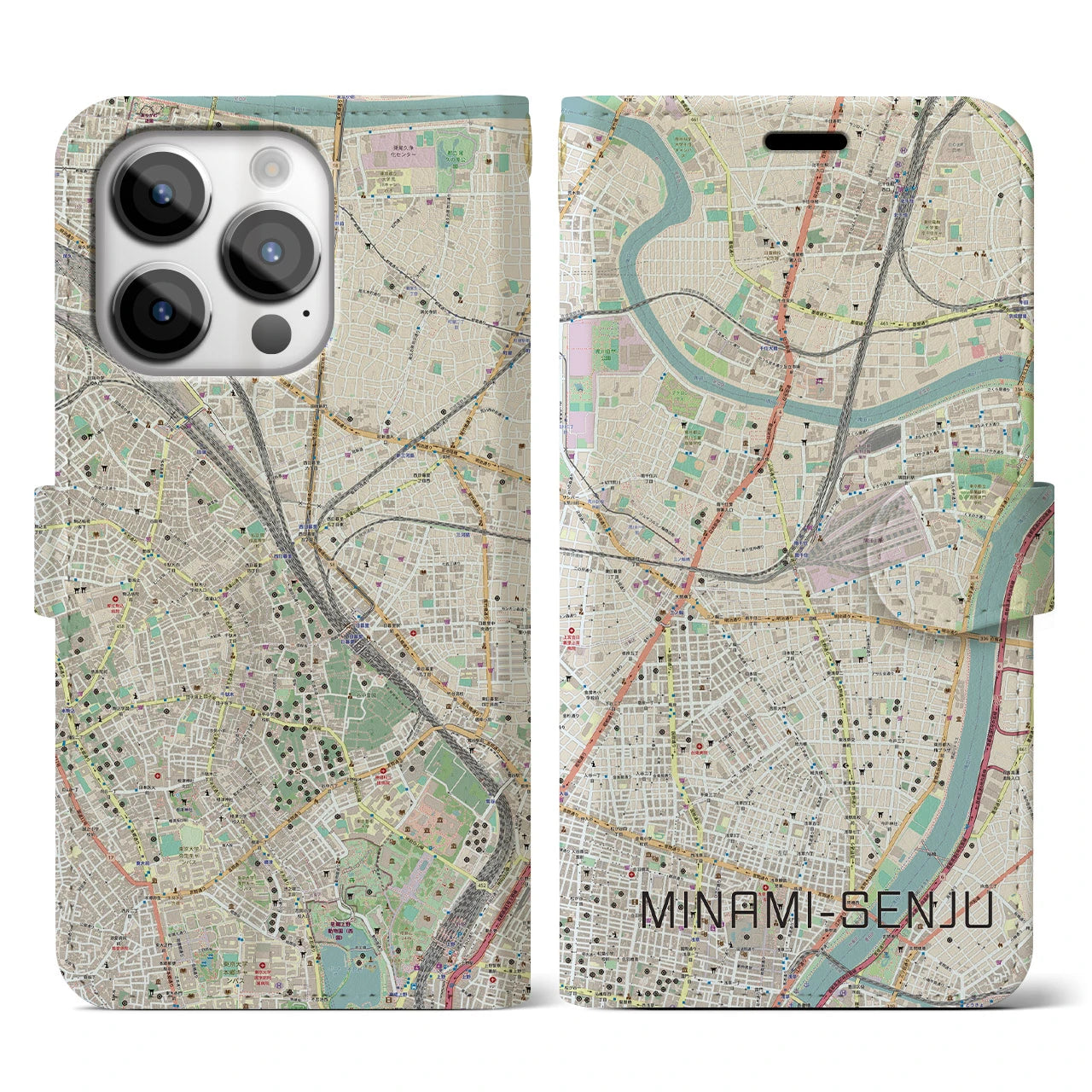 【南千住】地図柄iPhoneケース（手帳両面タイプ・ナチュラル）iPhone 14 Pro 用