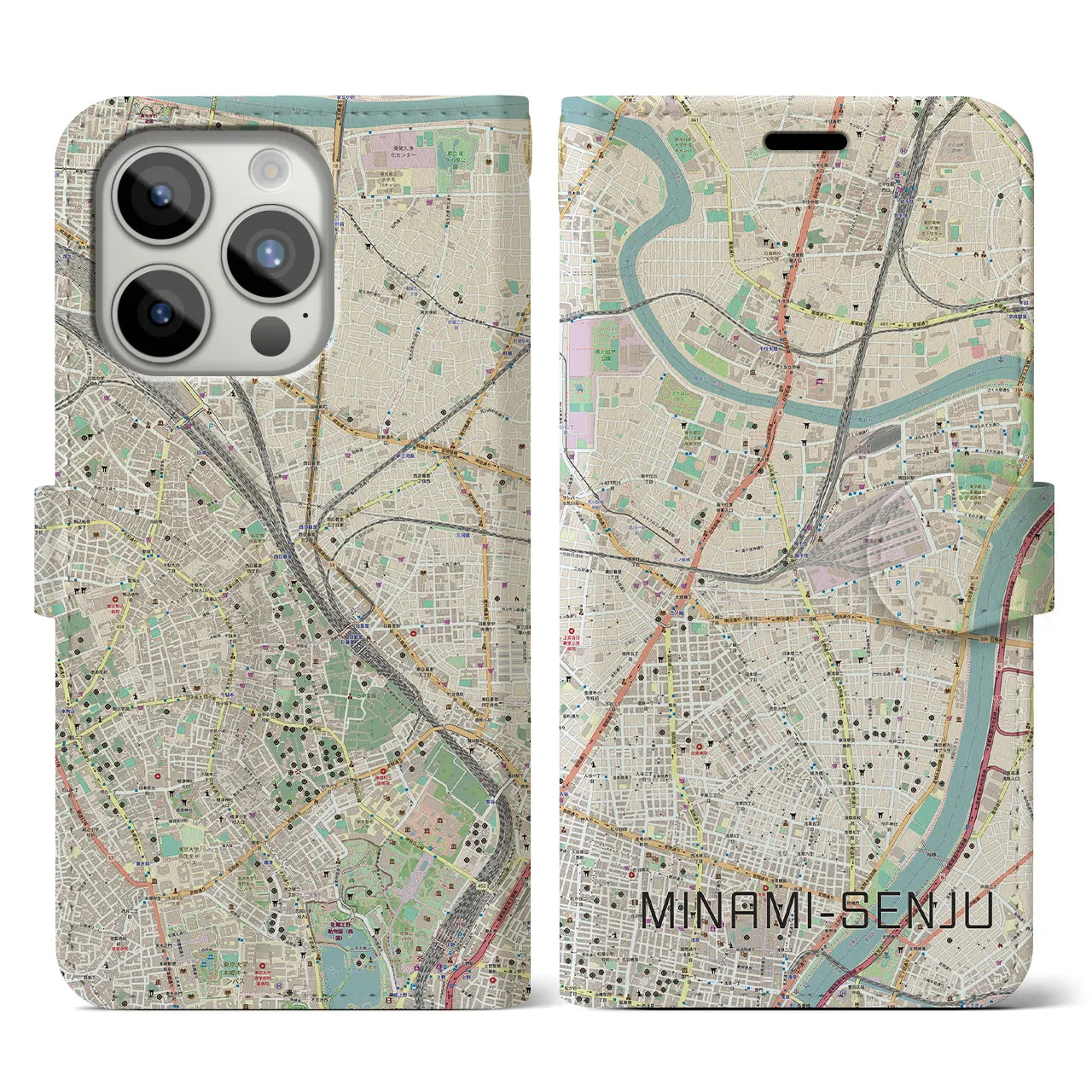 【南千住】地図柄iPhoneケース（手帳両面タイプ・ナチュラル）iPhone 15 Pro 用