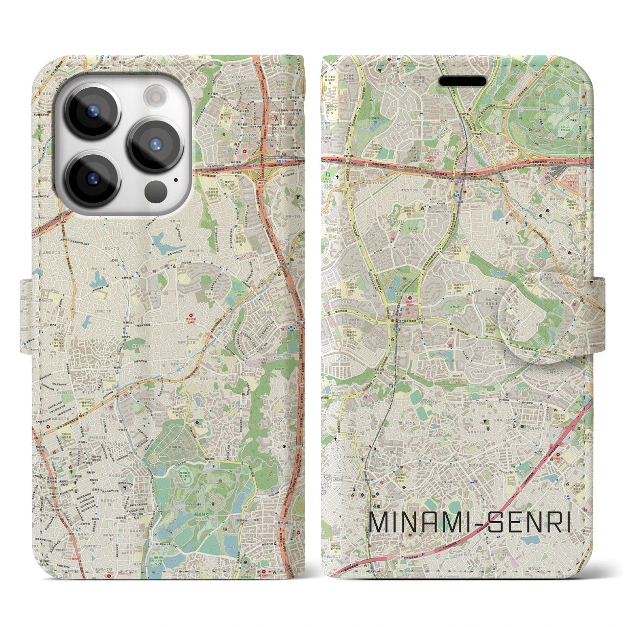 【南千里】地図柄iPhoneケース（手帳両面タイプ・ナチュラル）iPhone 14 Pro 用