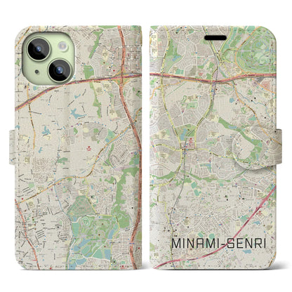 【南千里（大阪府）】地図柄iPhoneケース（手帳タイプ）ナチュラル・iPhone 15 用