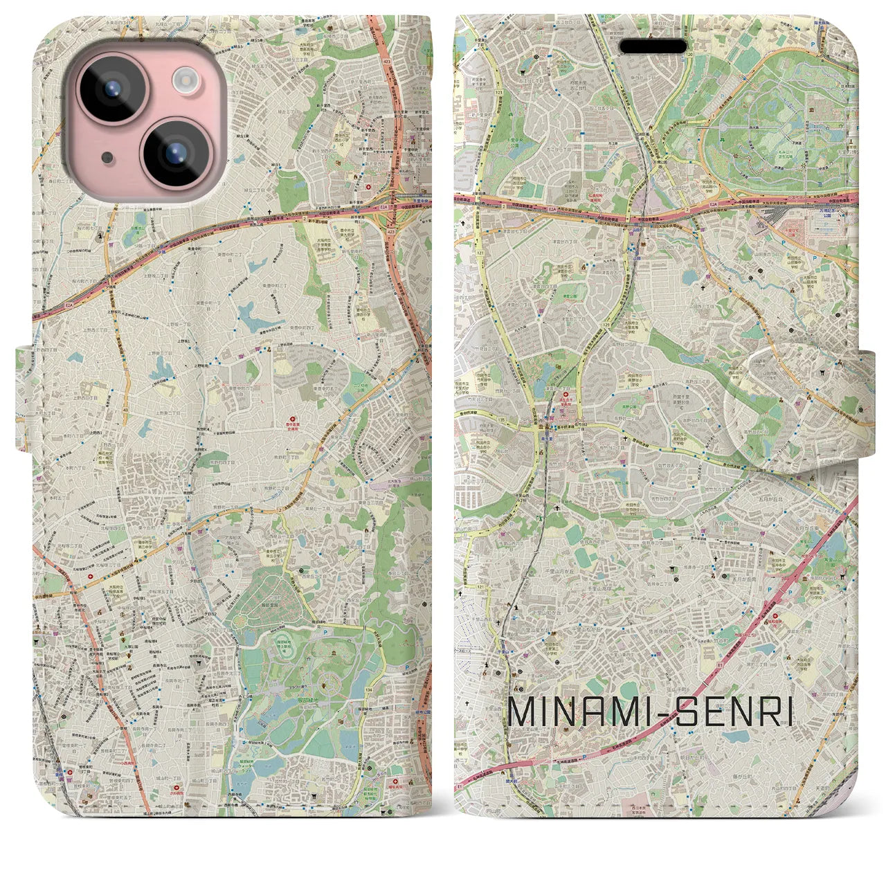 【南千里】地図柄iPhoneケース（手帳両面タイプ・ナチュラル）iPhone 15 Plus 用