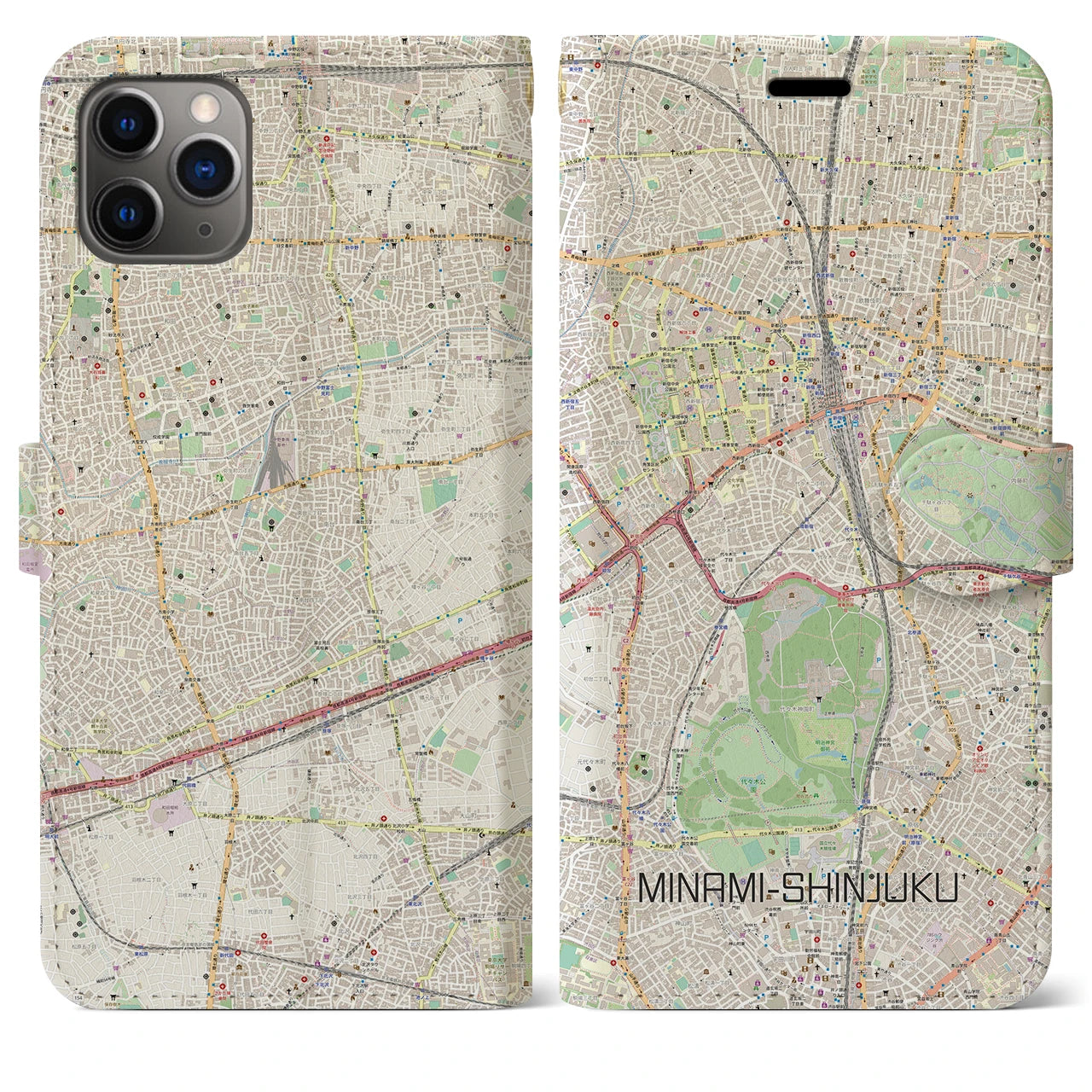 【南新宿】地図柄iPhoneケース（手帳両面タイプ・ナチュラル）iPhone 11 Pro Max 用