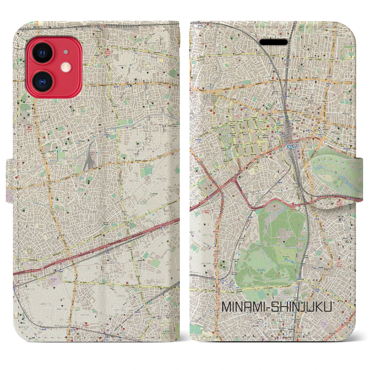【南新宿】地図柄iPhoneケース（手帳両面タイプ・ナチュラル）iPhone 11 用