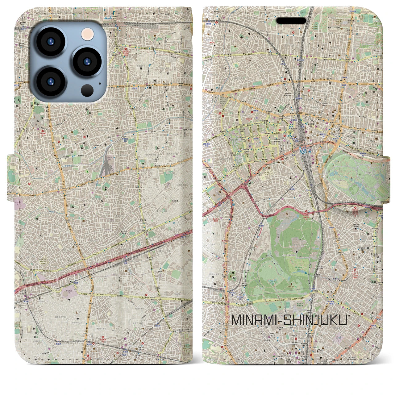 【南新宿】地図柄iPhoneケース（手帳両面タイプ・ナチュラル）iPhone 13 Pro Max 用