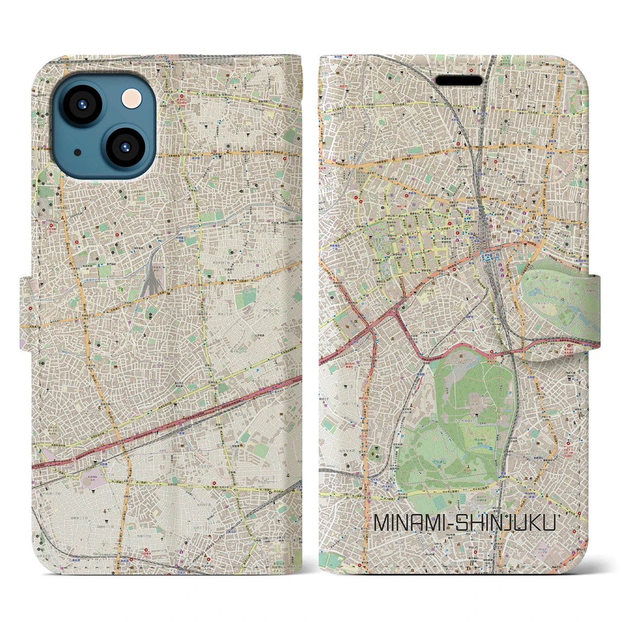 【南新宿】地図柄iPhoneケース（手帳両面タイプ・ナチュラル）iPhone 13 用