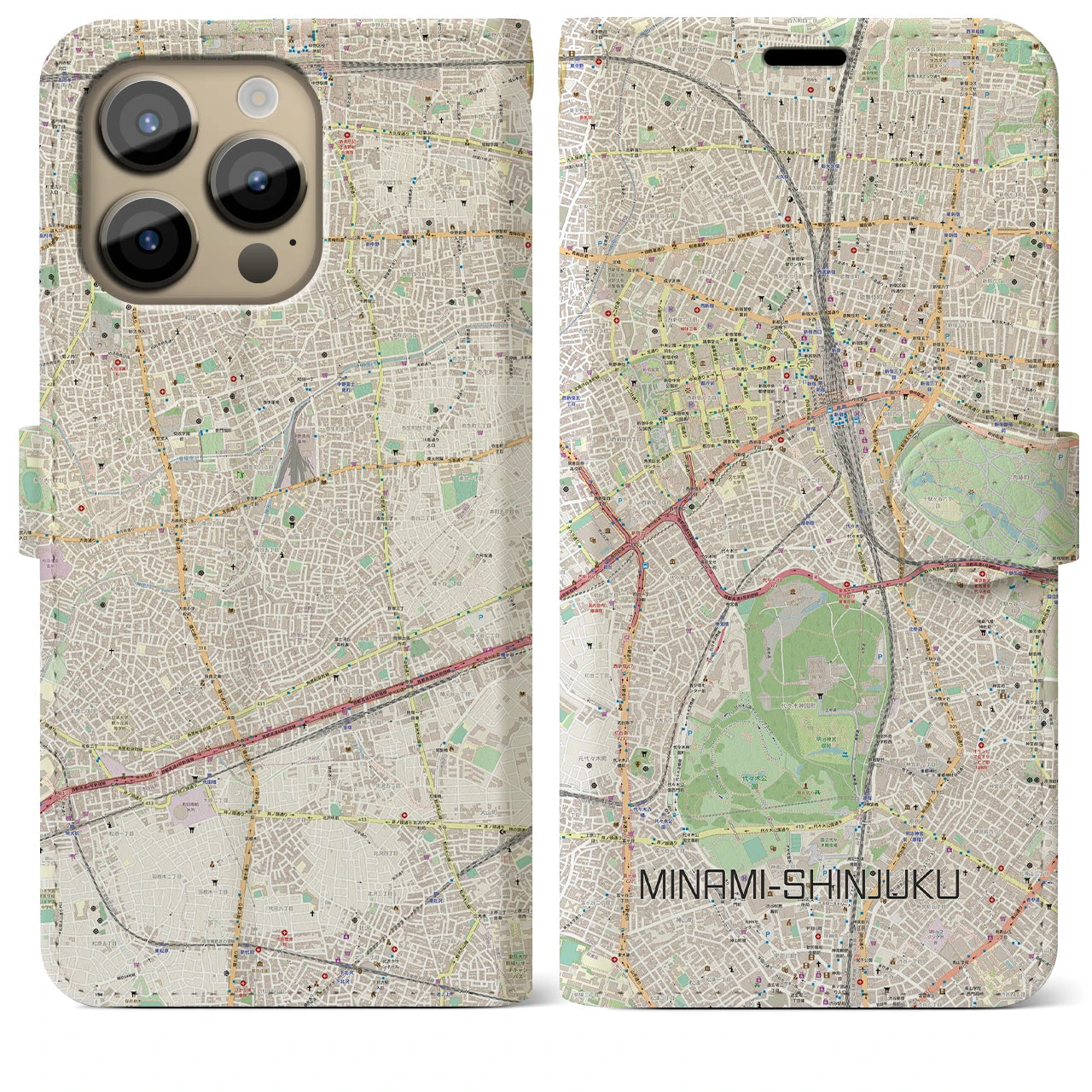 【南新宿】地図柄iPhoneケース（手帳両面タイプ・ナチュラル）iPhone 14 Pro Max 用