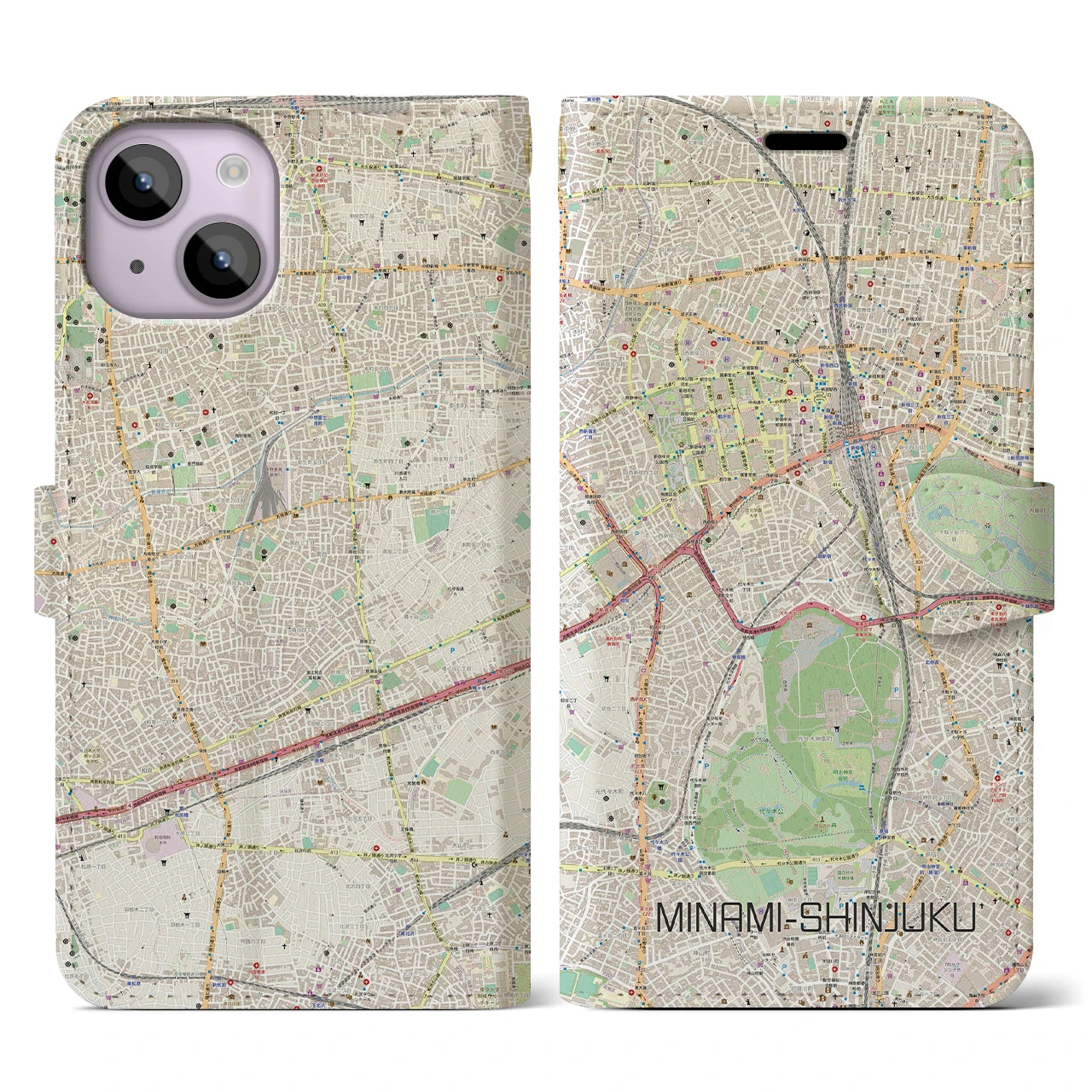 【南新宿】地図柄iPhoneケース（手帳両面タイプ・ナチュラル）iPhone 14 用