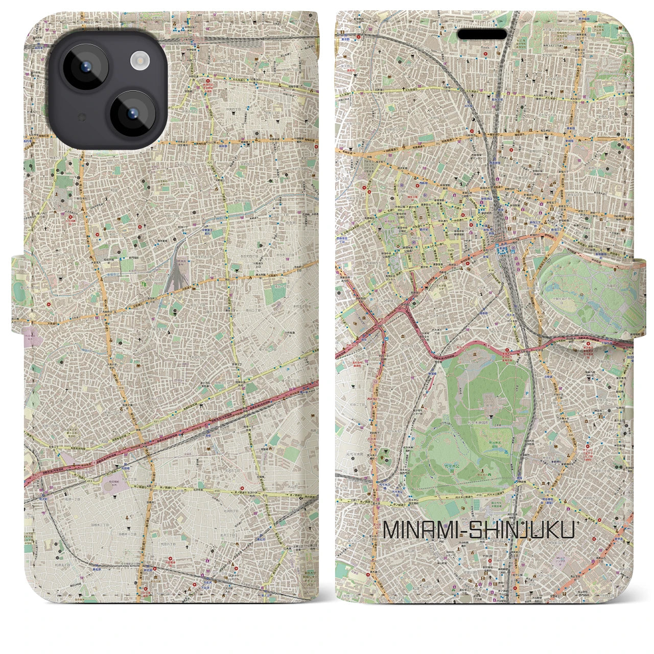 【南新宿】地図柄iPhoneケース（手帳両面タイプ・ナチュラル）iPhone 14 Plus 用