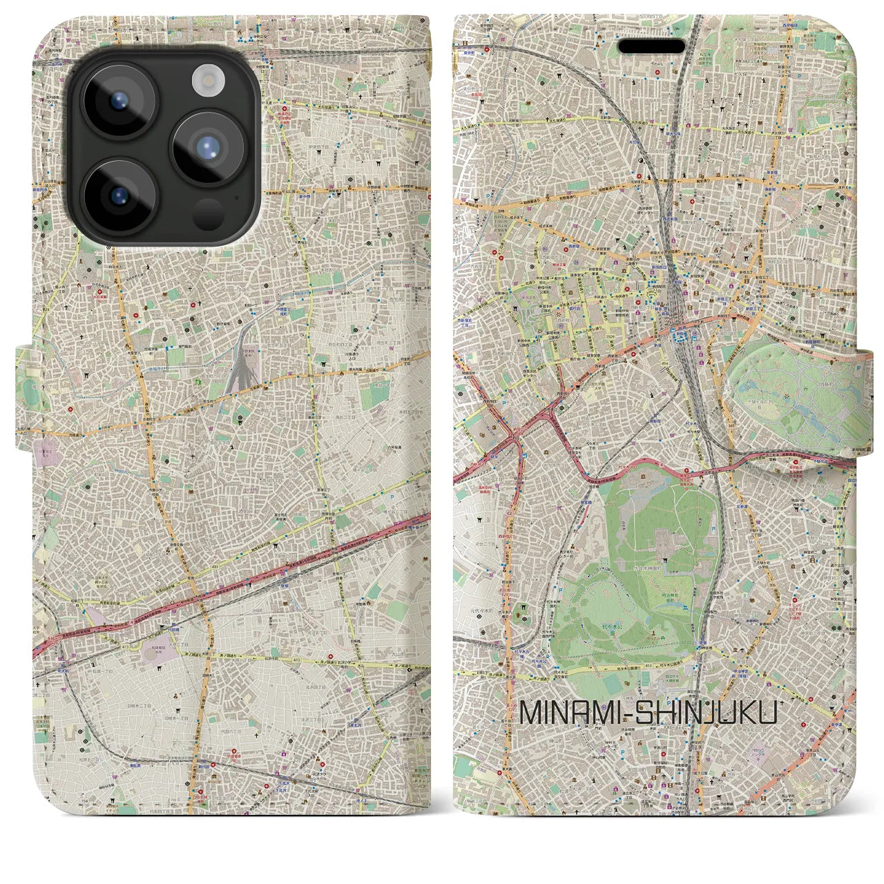 【南新宿】地図柄iPhoneケース（手帳両面タイプ・ナチュラル）iPhone 15 Pro Max 用
