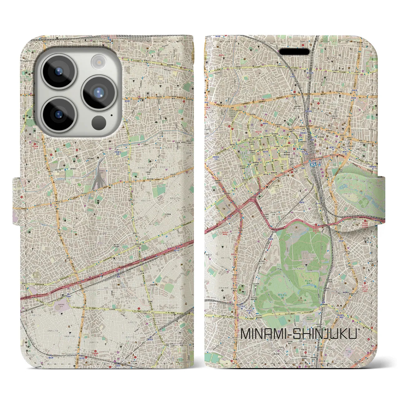 【南新宿】地図柄iPhoneケース（手帳両面タイプ・ナチュラル）iPhone 15 Pro 用