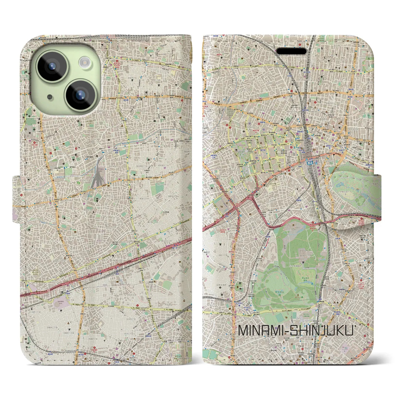 【南新宿】地図柄iPhoneケース（手帳両面タイプ・ナチュラル）iPhone 15 用