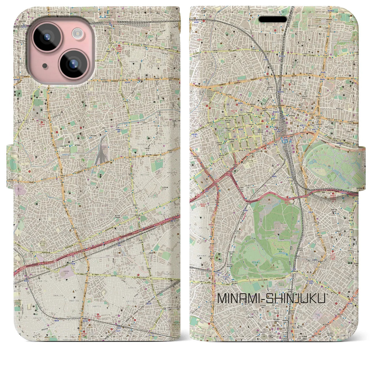 【南新宿】地図柄iPhoneケース（手帳両面タイプ・ナチュラル）iPhone 15 Plus 用