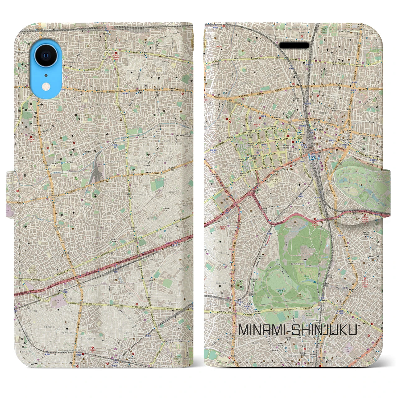 【南新宿】地図柄iPhoneケース（手帳両面タイプ・ナチュラル）iPhone XR 用