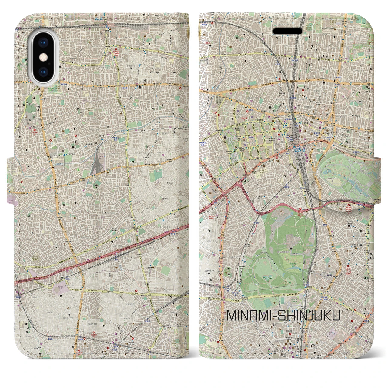 【南新宿】地図柄iPhoneケース（手帳両面タイプ・ナチュラル）iPhone XS Max 用