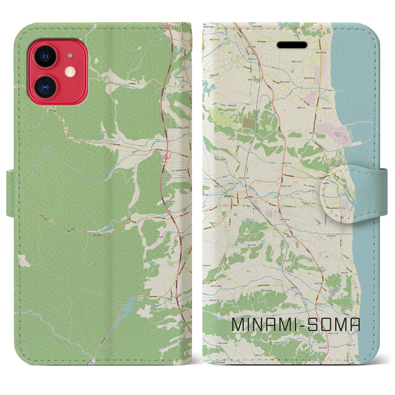 【南相馬】地図柄iPhoneケース（手帳両面タイプ・ナチュラル）iPhone 11 用