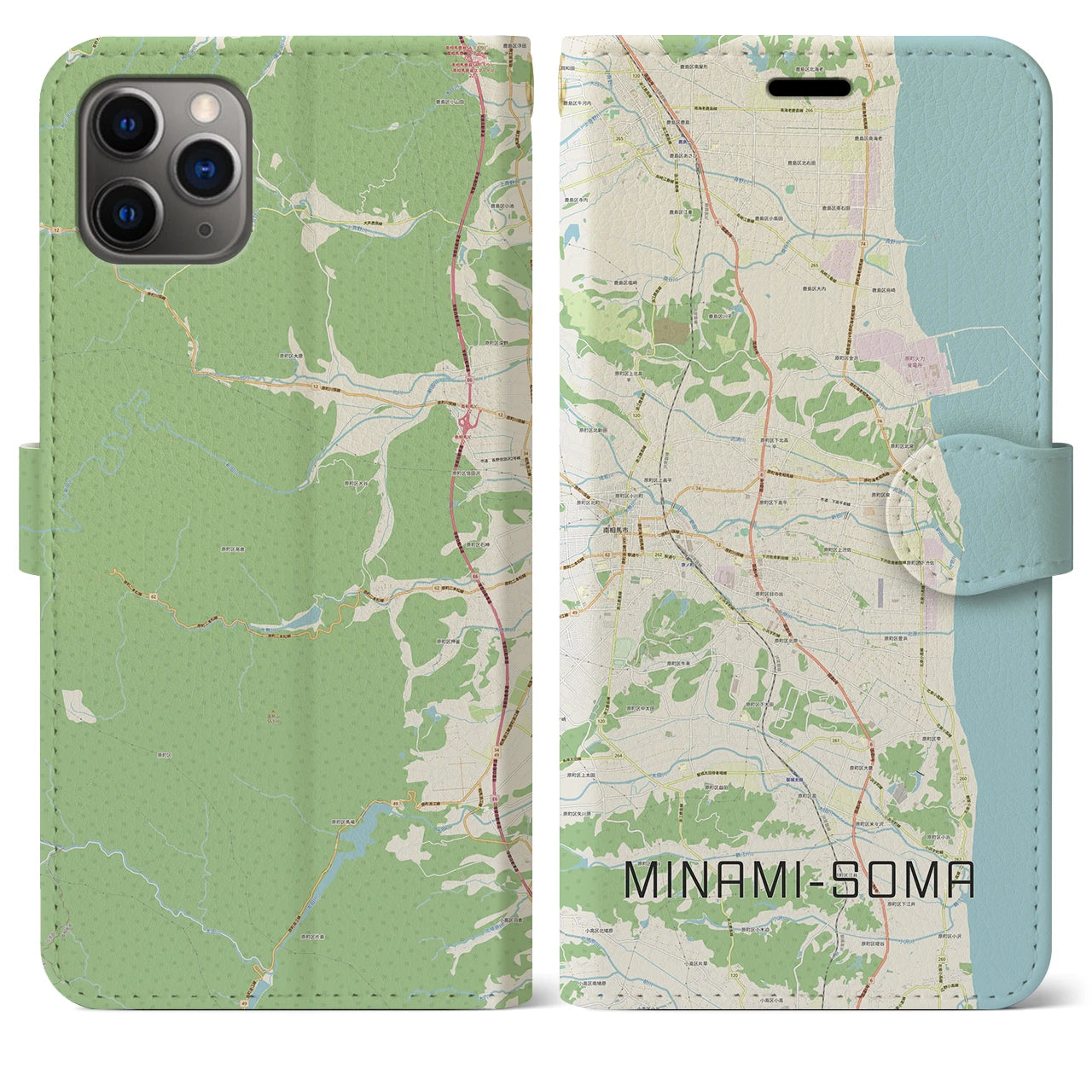 【南相馬】地図柄iPhoneケース（手帳両面タイプ・ナチュラル）iPhone 11 Pro Max 用