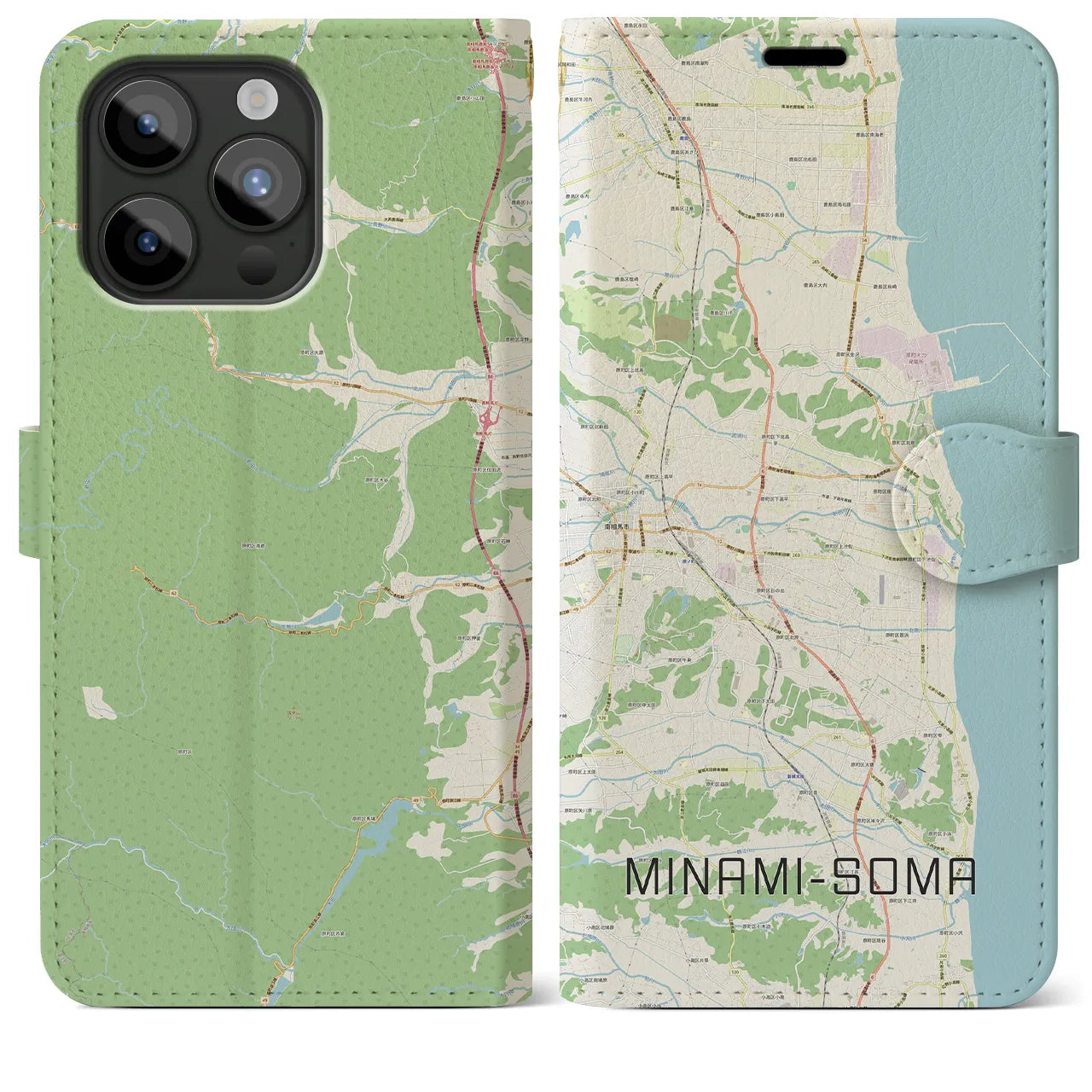 【南相馬】地図柄iPhoneケース（手帳両面タイプ・ナチュラル）iPhone 15 Pro Max 用