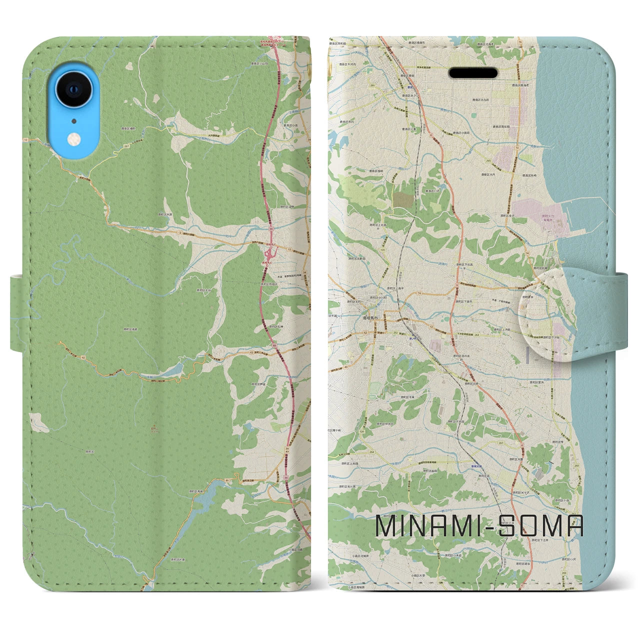 【南相馬】地図柄iPhoneケース（手帳両面タイプ・ナチュラル）iPhone XR 用