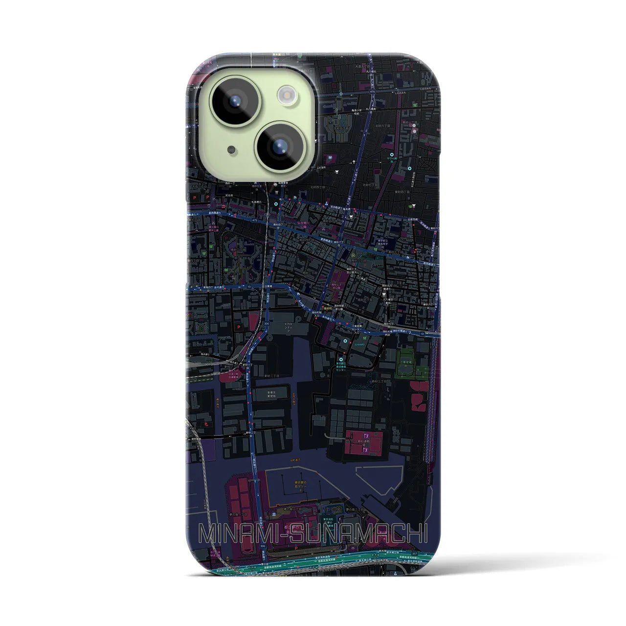 【南砂町】地図柄iPhoneケース（バックカバータイプ・ブラック）iPhone 15 用