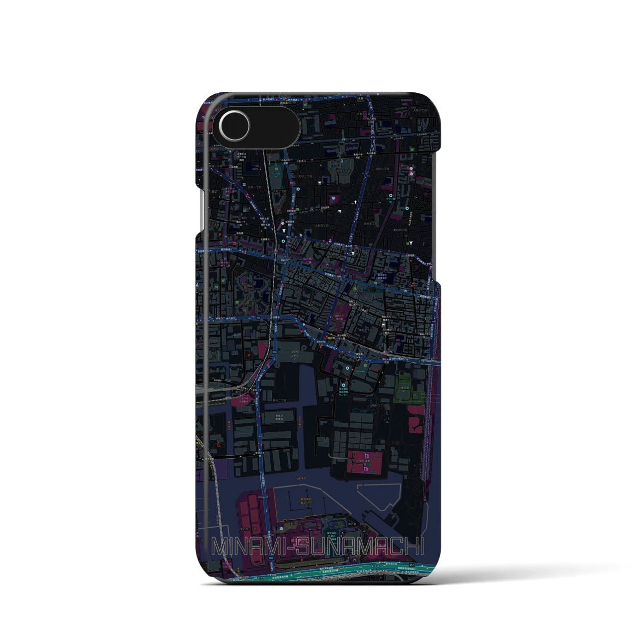 【南砂町】地図柄iPhoneケース（バックカバータイプ・ブラック）iPhone SE（第3 / 第2世代） / 8 / 7 / 6s / 6 用