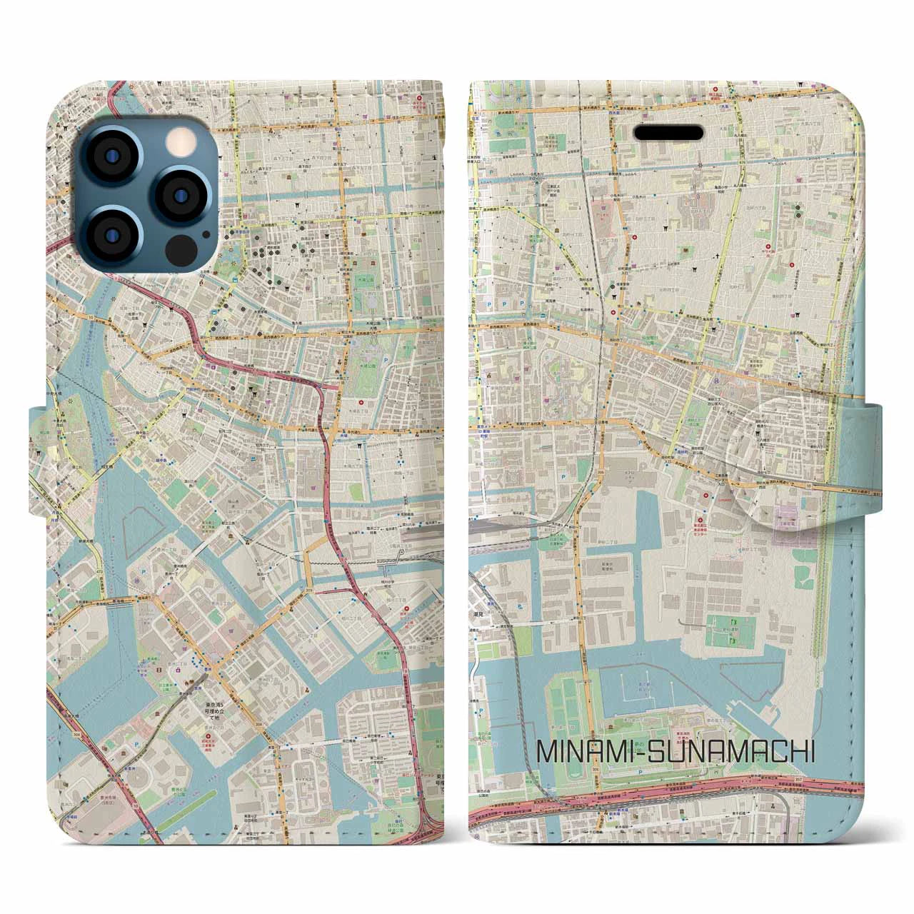 【南砂町】地図柄iPhoneケース（手帳両面タイプ・ナチュラル）iPhone 12 / 12 Pro 用