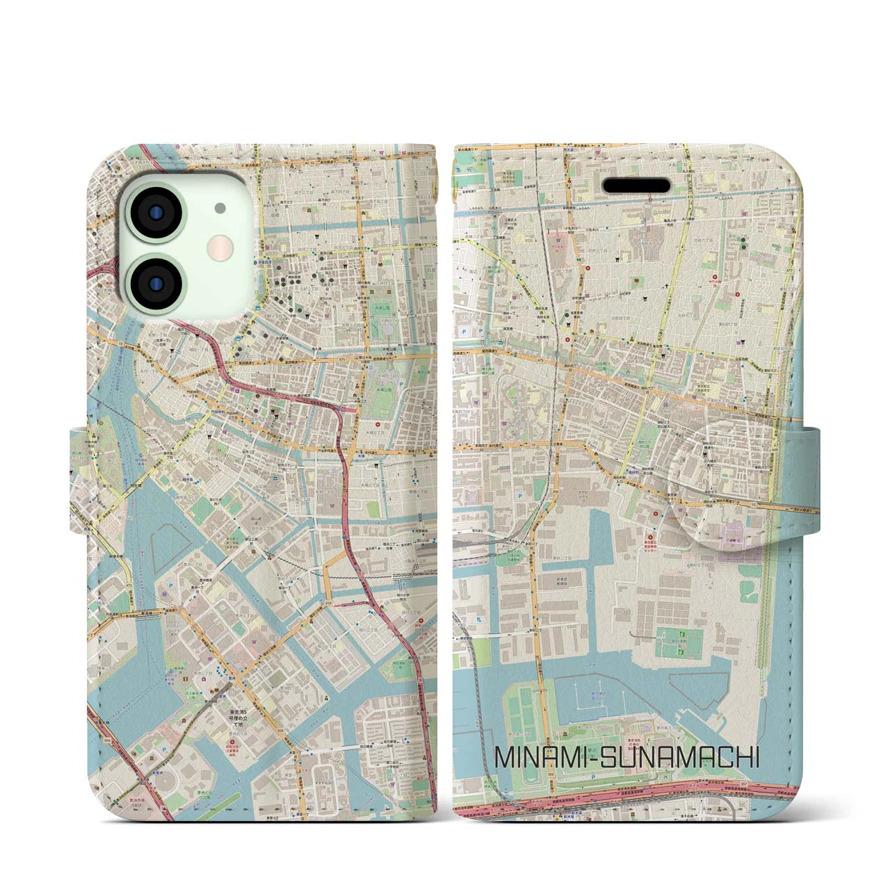 【南砂町】地図柄iPhoneケース（手帳両面タイプ・ナチュラル）iPhone 12 mini 用
