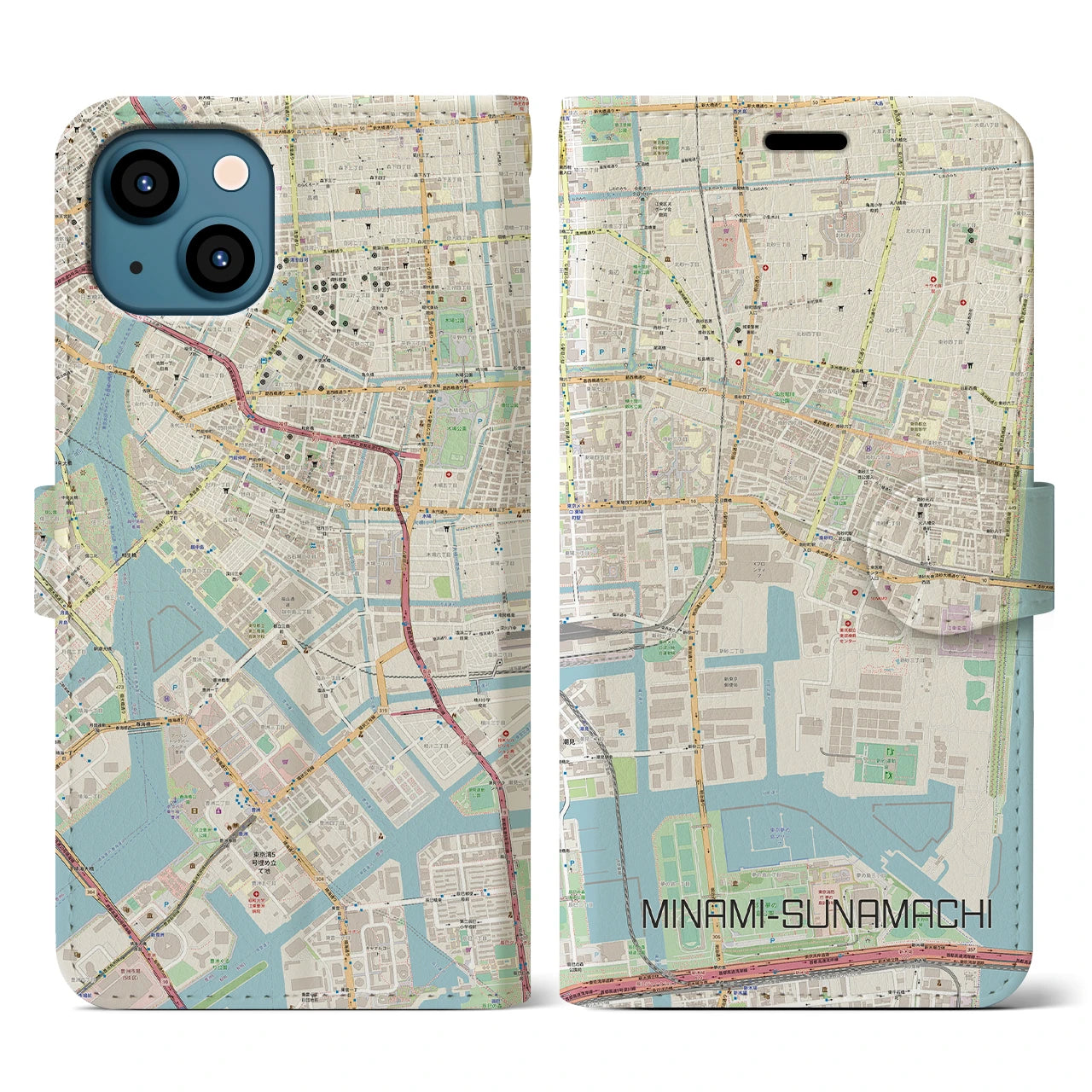 【南砂町】地図柄iPhoneケース（手帳両面タイプ・ナチュラル）iPhone 13 用