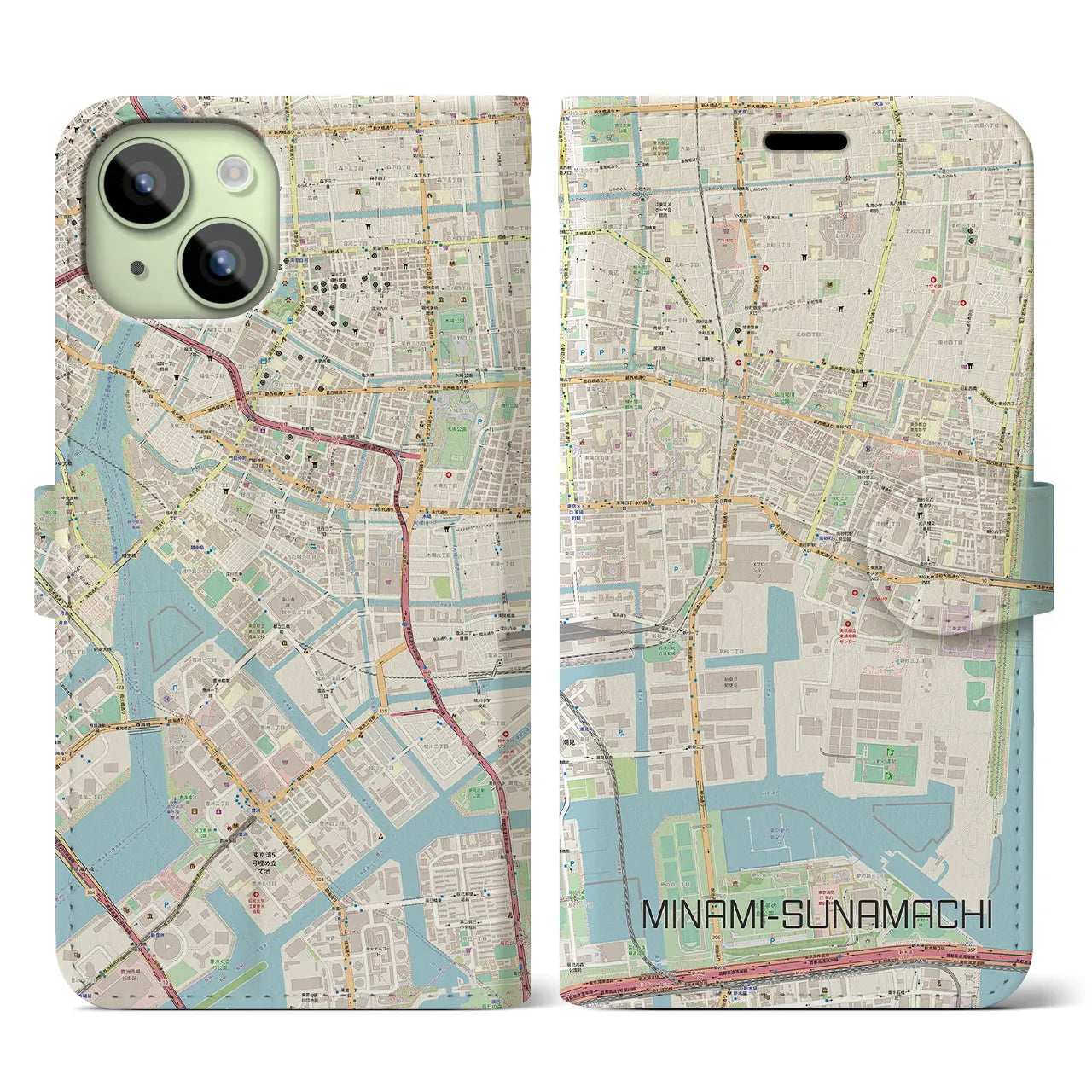 【南砂町】地図柄iPhoneケース（手帳両面タイプ・ナチュラル）iPhone 15 用