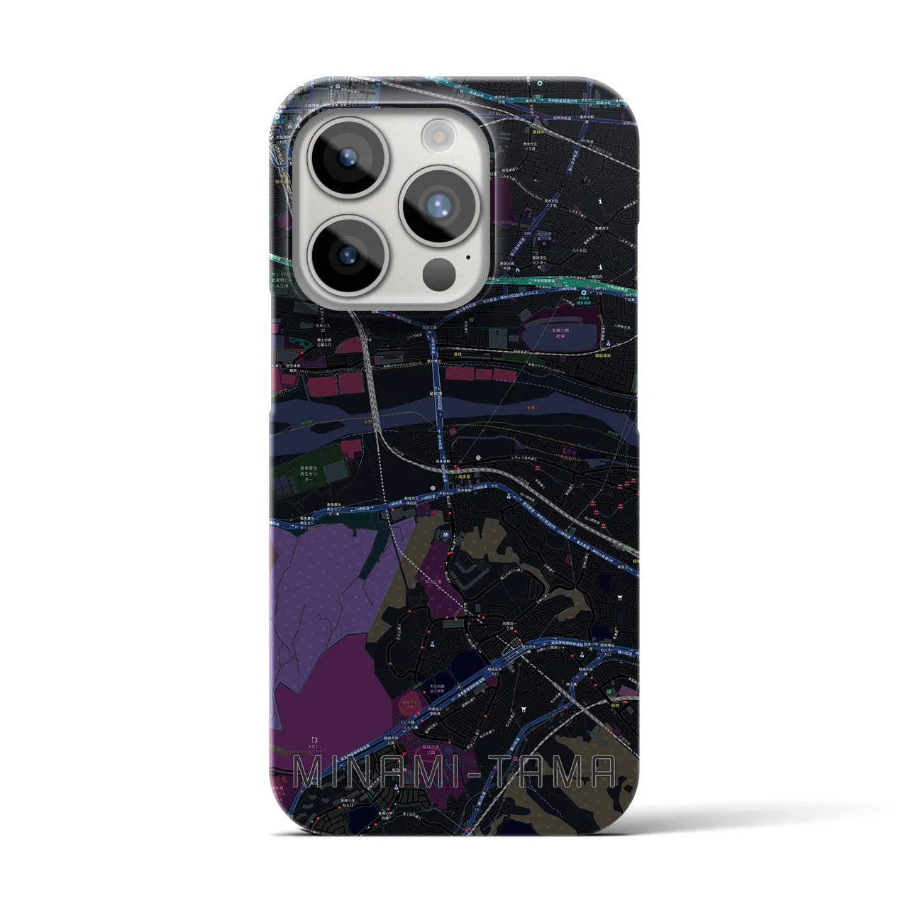 【南多摩】地図柄iPhoneケース（バックカバータイプ・ブラック）iPhone 15 Pro 用