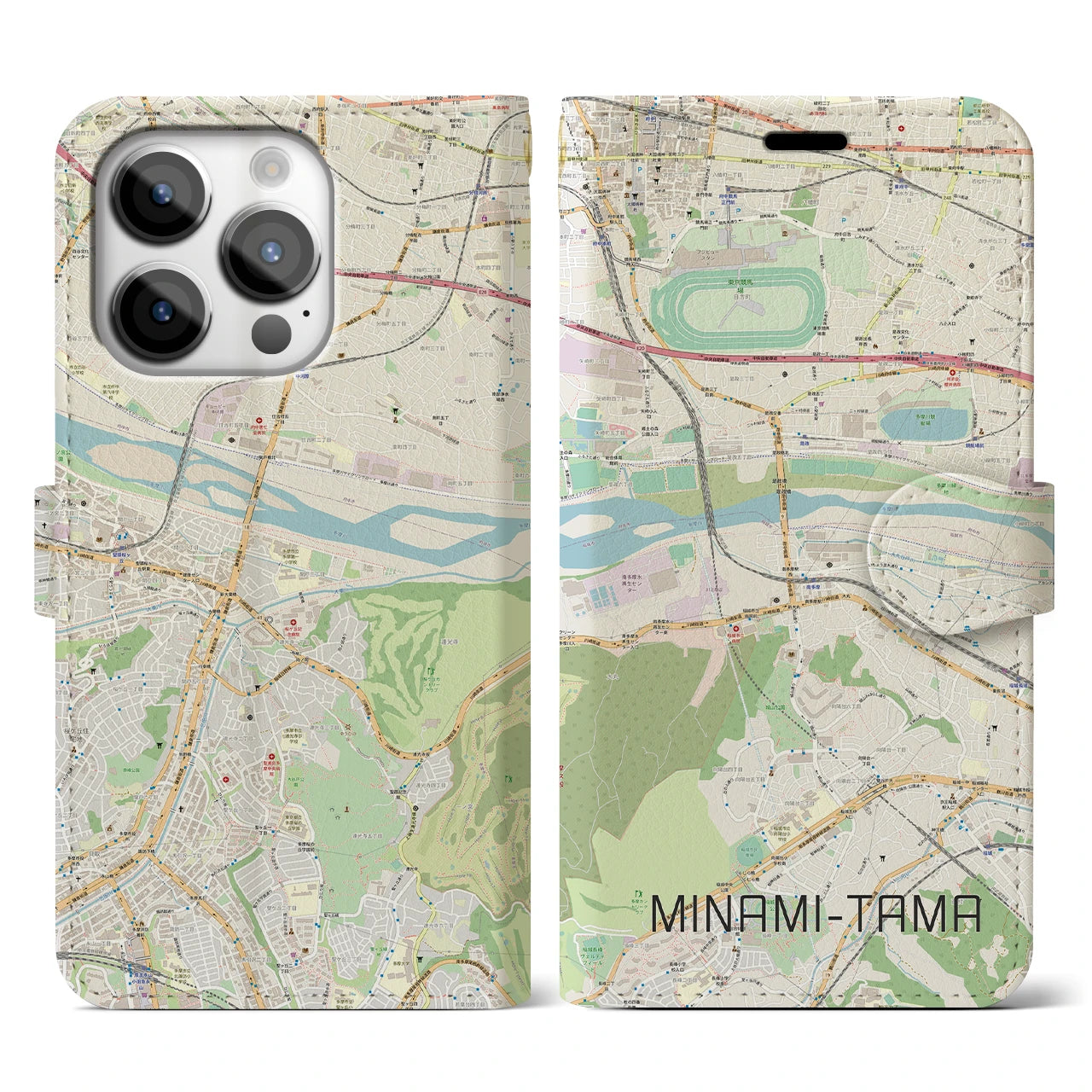 【南多摩】地図柄iPhoneケース（手帳両面タイプ・ナチュラル）iPhone 14 Pro 用