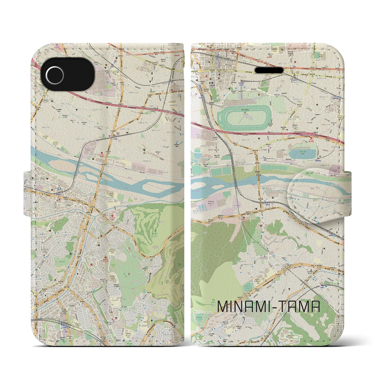 【南多摩】地図柄iPhoneケース（手帳両面タイプ・ナチュラル）iPhone SE（第3 / 第2世代） / 8 / 7 / 6s / 6 用