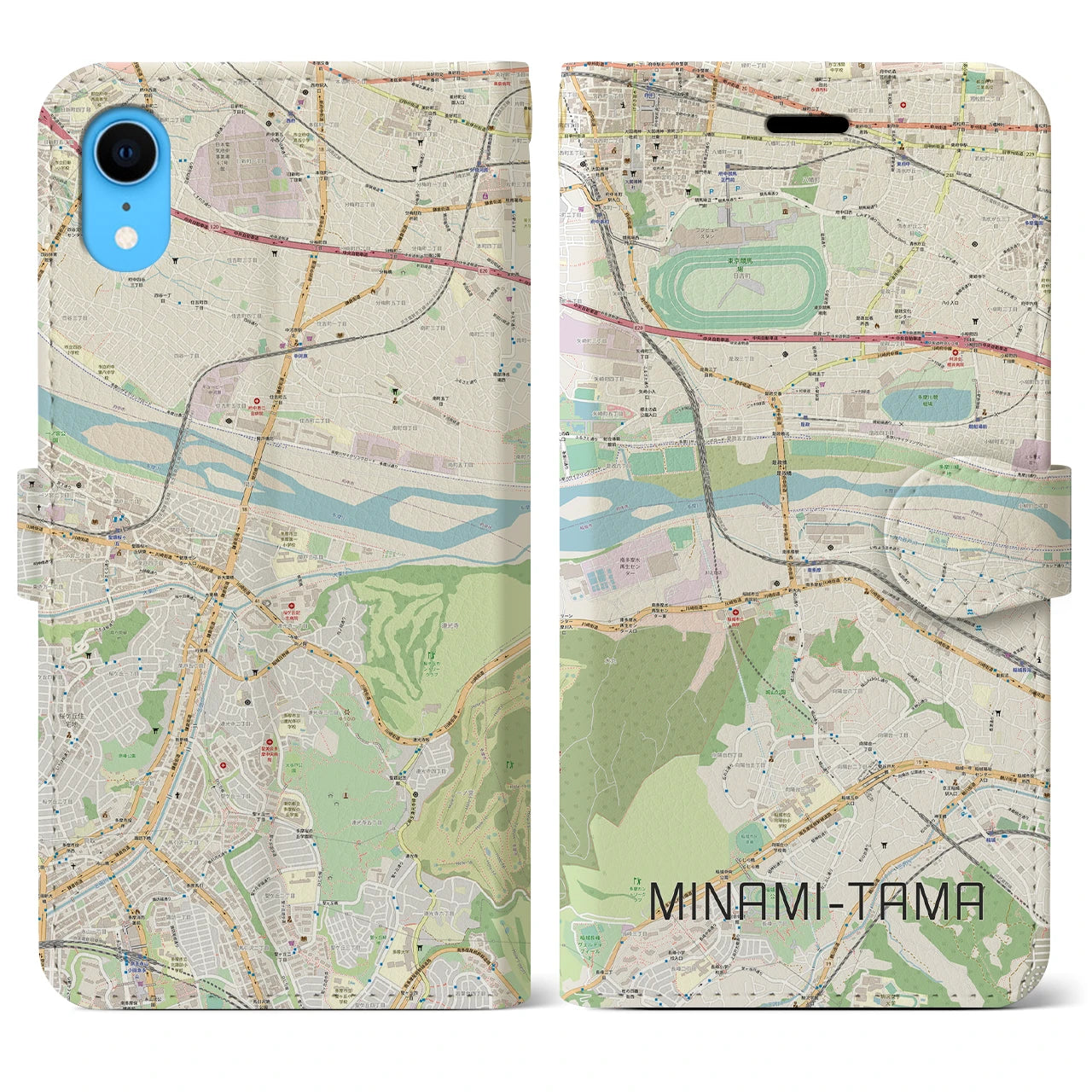 【南多摩】地図柄iPhoneケース（手帳両面タイプ・ナチュラル）iPhone XR 用
