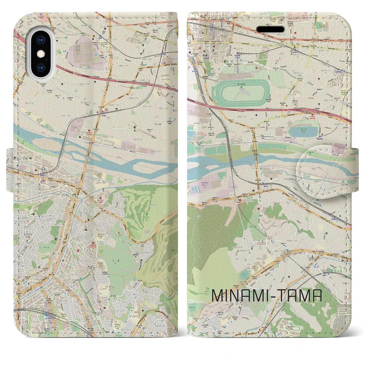 【南多摩】地図柄iPhoneケース（手帳両面タイプ・ナチュラル）iPhone XS Max 用