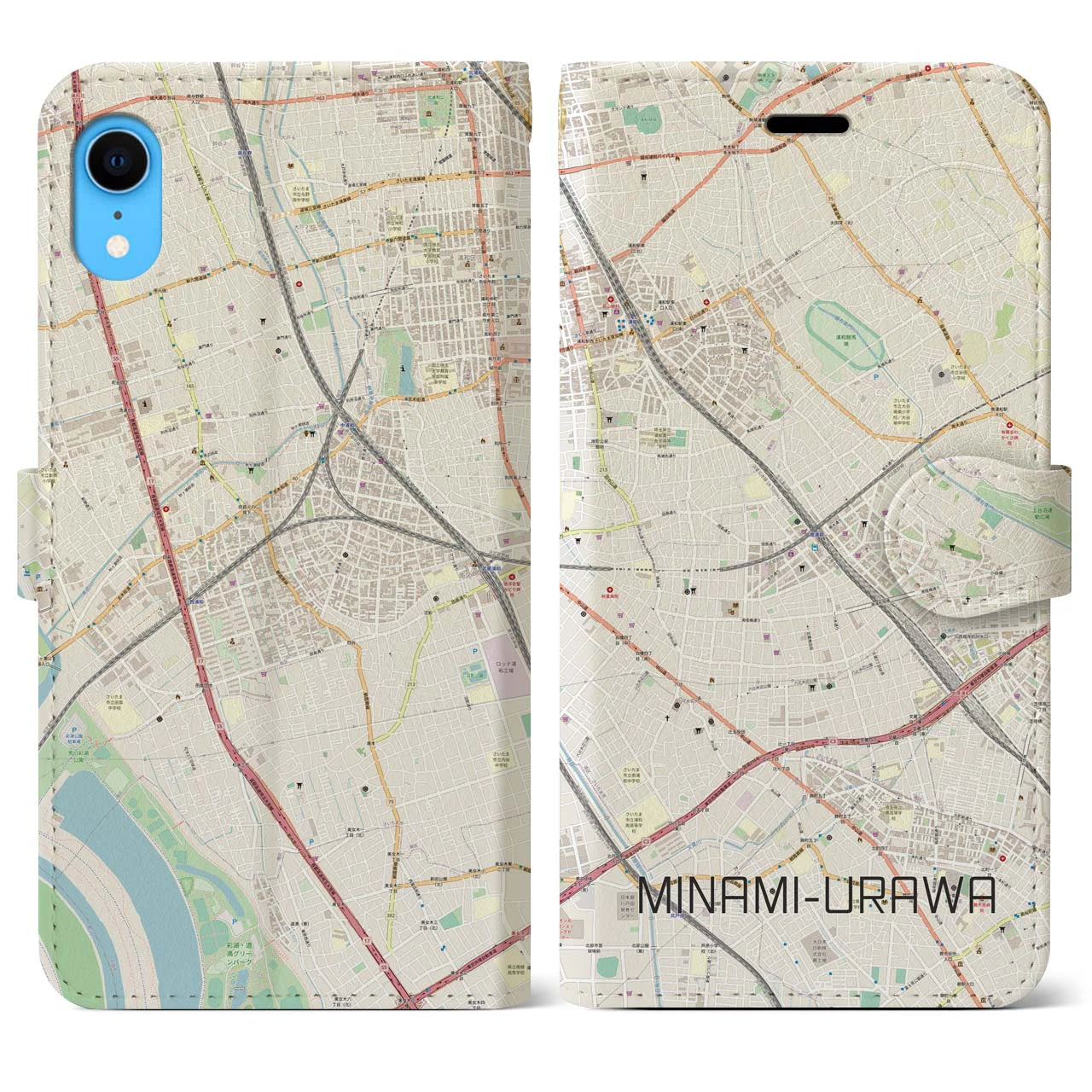 【南浦和】地図柄iPhoneケース（手帳両面タイプ・ナチュラル）iPhone XR 用