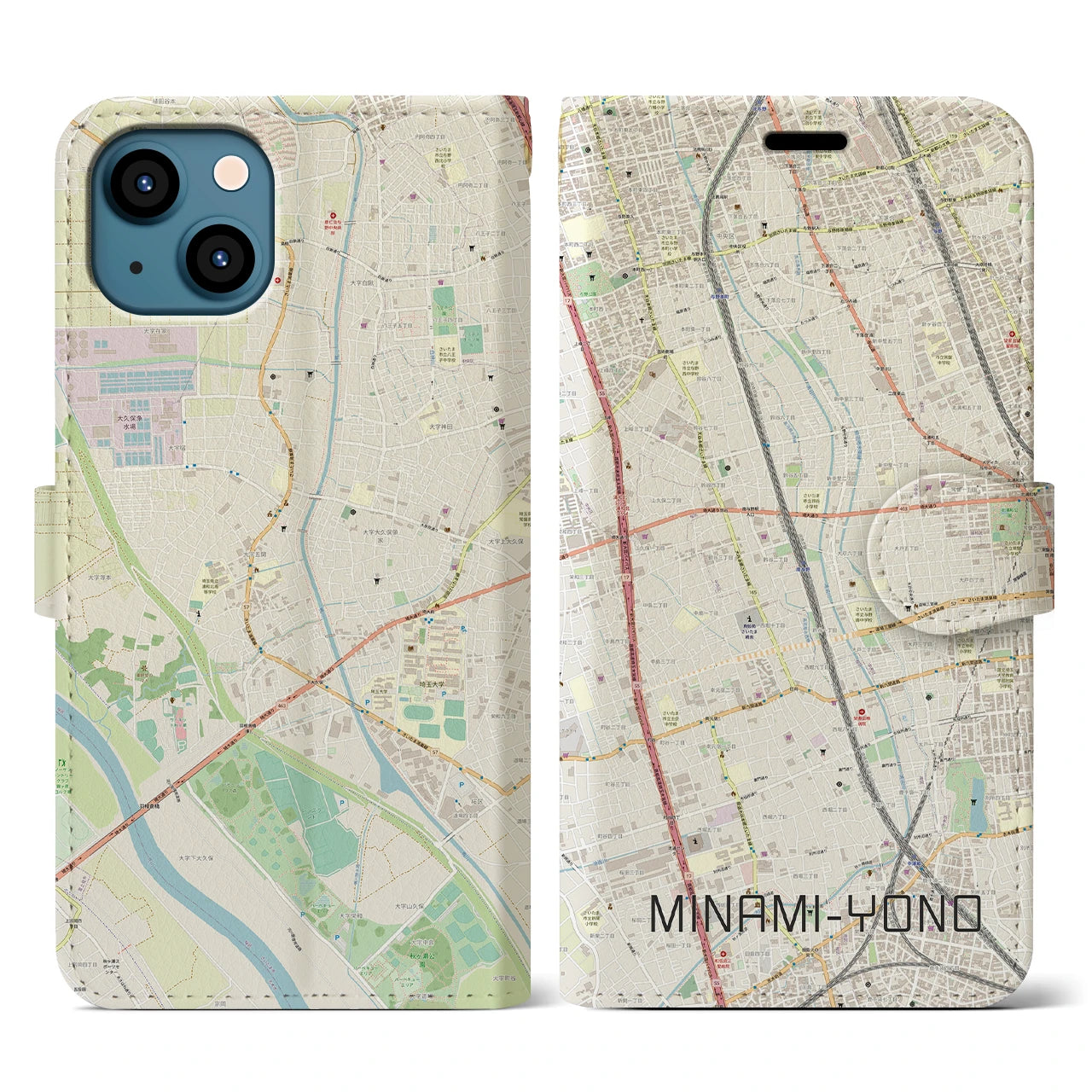 【南与野】地図柄iPhoneケース（手帳両面タイプ・ナチュラル）iPhone 13 用