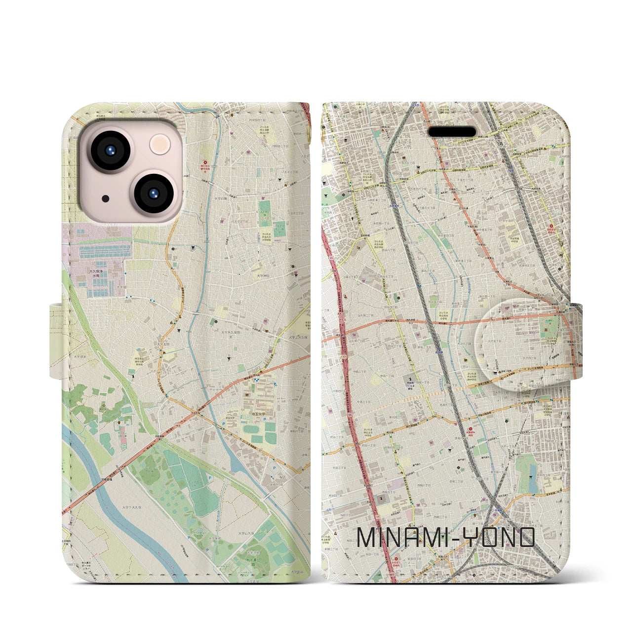 【南与野】地図柄iPhoneケース（手帳両面タイプ・ナチュラル）iPhone 13 mini 用