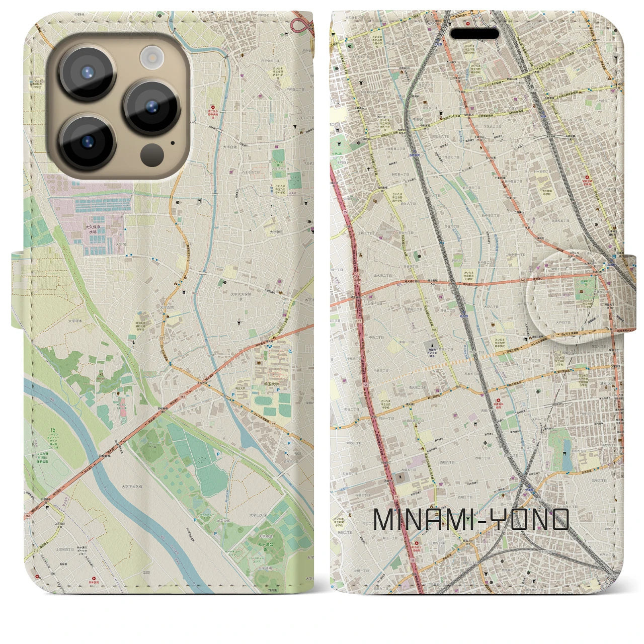 【南与野】地図柄iPhoneケース（手帳両面タイプ・ナチュラル）iPhone 14 Pro Max 用